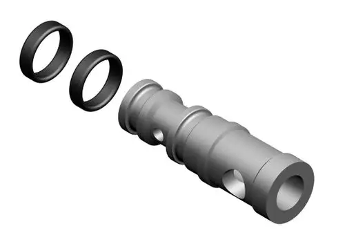 Darstellung eines technischen Bauteils von Bosch, bestehend aus einem länglichen Körper mit zwei O-Ringen. Das Teil hat Öffnungen und unterschiedliche Durchmesser in verschiedenen Bereichen.